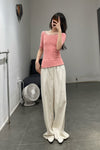 BASERANGE Round neck ruffled ribbed cotton T-shirt TOPA series collection France BAS-TOPA-RBV-WI22-FENHONG Pink TOPA-RB-000
